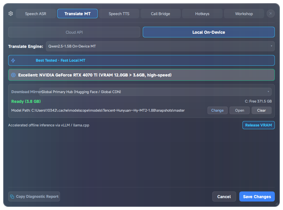 Settings · Machine Translation